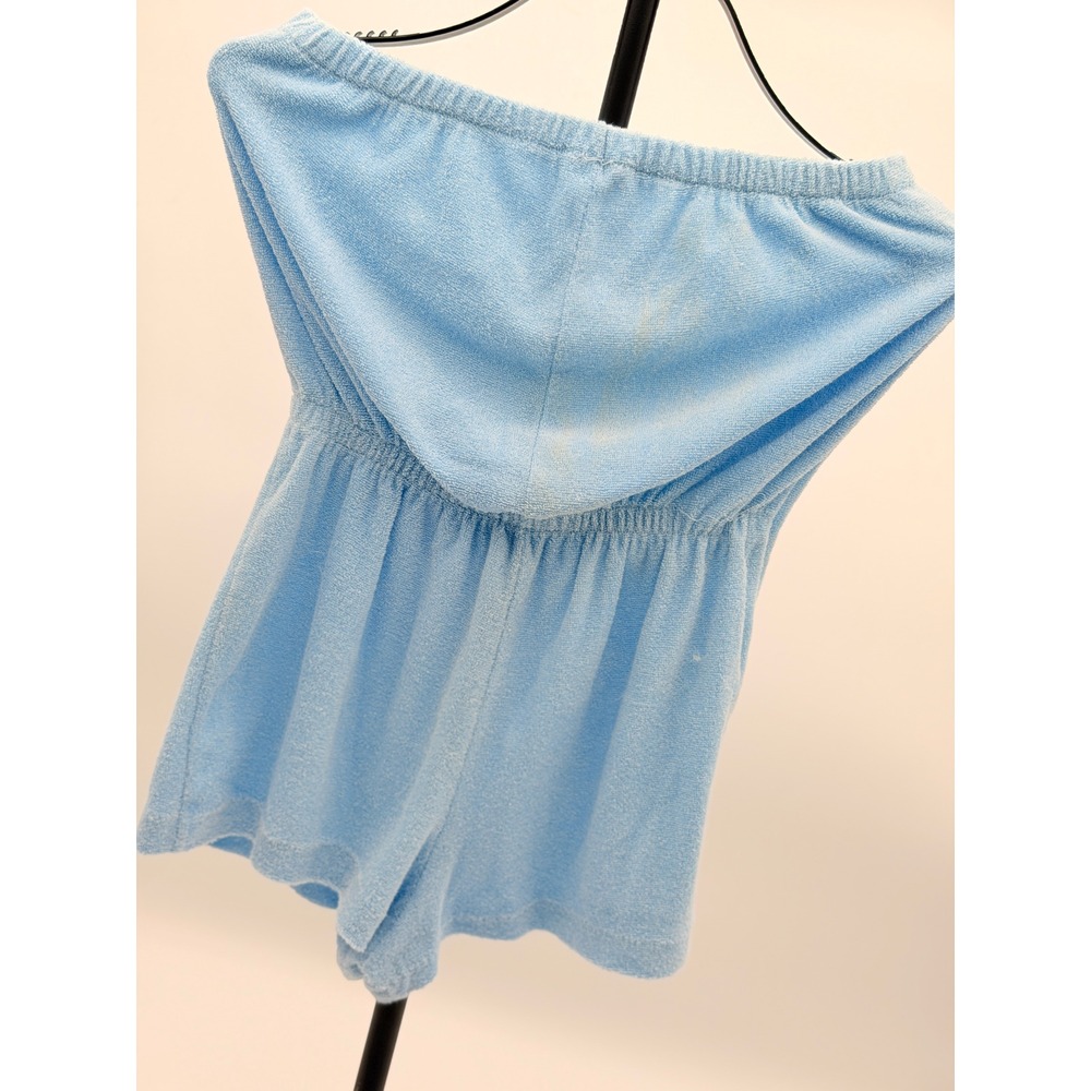 Blue Terry Cloth Strapless Romper Elastic Waist Drawstring Summer Beach Coverup
